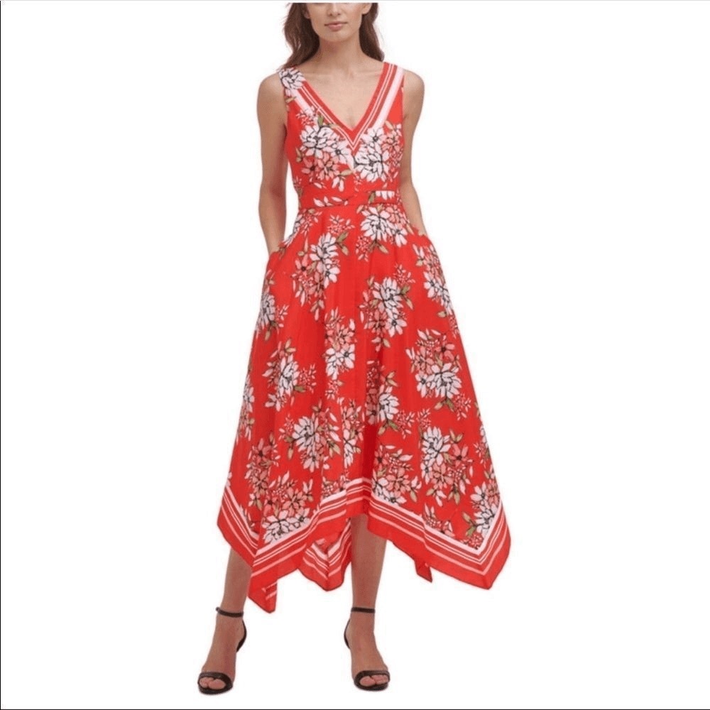 NWOT Vince Camuto V-Neck & Back Floral Red Midi Dress size 2 - Picture 2 of 7